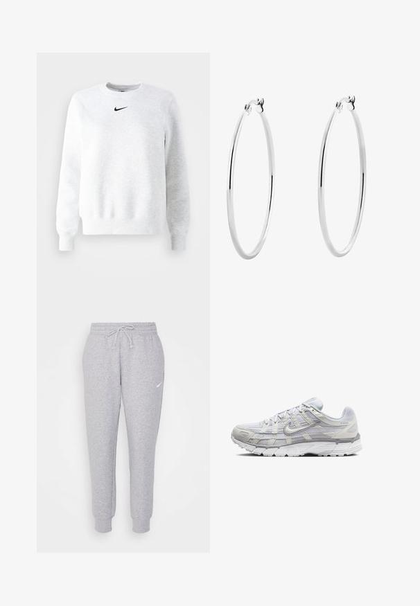 Šedá mikina vyrobená z měkké látky, s kulatým výstřihem, dlouhými rukávy a nenápadným černým logem Nike na hrudi.; Světle šedé tepláky s nastavitelným pasem, zužujícími se nohavicemi a malým bílým logem na levém stehně. Vyrobené z měkké, strukturované látky.; Světle šedé sportovní boty s vrchní částí z síťoviny a syntetického materiálu, vybavené šněrováním, polstrovaným límcem a texturovanou podrážkou pro lepší přilnavost.; Stříbrné kruhové náušnice s hladkým, leštěným povrchem a bezšvým designem, s zaoblenými hranami a bezpečným zapínáním.