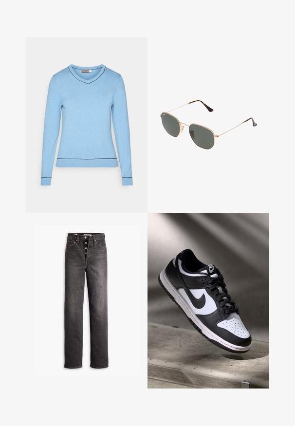 Lys blå langermet genser med V-hals, ribbede mansjetter og nederkant. Har en kontrasterende mørk blå søm langs halslinjen og nederkanten.; Svarte høye jeans med rette ben, laget av denim. Har knappestolpe, kobberdetaljer og kontrastsøm.; Svart og hvit Nike Dunk Low sneaker med skinnoverdel, perforert tåboks og svarte snøringer, med hvit såle og logoaksenter.; Gull metallrammede solbriller med mørkegrønne linser, pilotstil, med slanke armer og skilpaddeskall detaljer på tuppene.; Svart totebag med geometrisk mønster, laget av teksturert materiale. Har robuste håndtak og et merke, med strukturert form.
