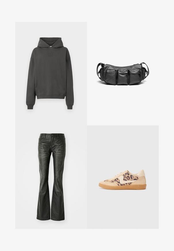 Felpa con cappuccio grigio scuro realizzata in materiale morbido, con cappuccio regolabile, polsini a coste e un logo discreto stampato sul davanti.; Jeans svasati neri in ecopelle con tasche frontali, chiusura a bottone metallico e una superficie leggermente tessurizzata. Gamba dritta con taglio lungo.; Sneakers in stampa leopardata con parte superiore in suede beige, suola in gomma color caramello e dettagli bianchi. Punta rotonda e design con lacci, con una finitura testurizzata.; Borsa a tracolla in pelle nera con una finitura testurizzata. Presenta tre tasche esterne e una tracolla regolabile. Forma compatta e arrotondata.
