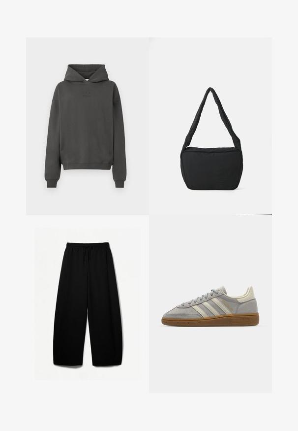 Hanorac gri închis din material moale, cu glugă reglabilă, manșete cu nervuri și un logo discret imprimat pe față.; Pantaloni negri cu picioare largi, cu un elastic la talie și șnur. Material moale cu o textură netedă. Croială dreaptă cu cusături laterale.; Adidași din suede gri, cu dungi din piele gri deschis și talpă din cauciuc de tip gumă. Include închidere cu șireturi și un branding discret pe limbă.; Geantă de umăr neagră cu o textură căptușită, formă rotundă și un bretele lată, având un logo embosat pe față.