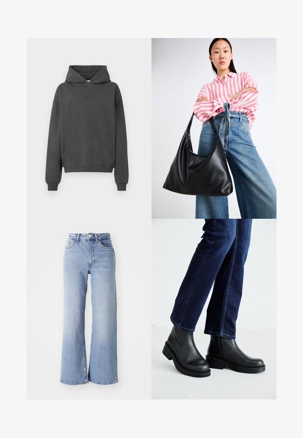 Mørk grå hettegenser laget av mykt materiale, med snor i hetten, ribbestrikkede ermer og en diskret logo trykket på forsiden.; Lyseblå høyt liv vide jeans med front- og baklommer, knappelukking og subtile falminger på lårene og kanten.; Sorte lær ankelsko med en kraftig såle og elastiske paneler på siden, kombinert med mørkeblå jeans. Underlaget er lyst.; Svart skinn skulderveske med en avslappet form og sømdetaljer. Modellen har på seg en rosa og hvit stripete skjorte med vide blå jeans.