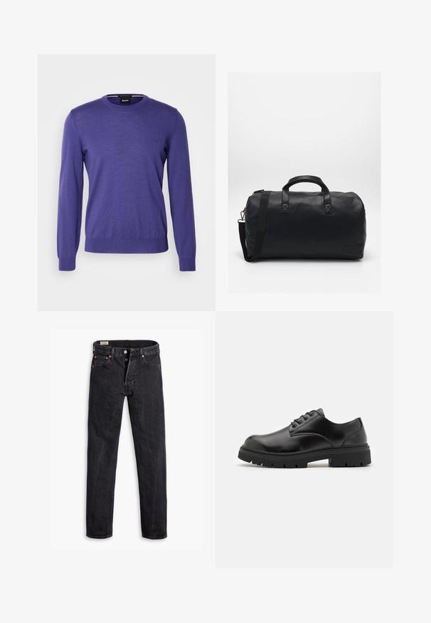 BOSS BOTTO - Stickad tröja - medium purple; Svarta denimjeans med rak passform. Har fem fickor, två framknäppningar med knapp och subtil kontrasterande sömnad. Matt yta.; Svarta läderskor med rund tå, snörningsdesign och en tjock, texturerad gummisula. Har sömmar längs kanten och en slät yta.; Svart Duffelväska gjord av texturerat syntetiskt material. Har två handtag och en justerbar axelrem. Enkel design utan synliga mönster.