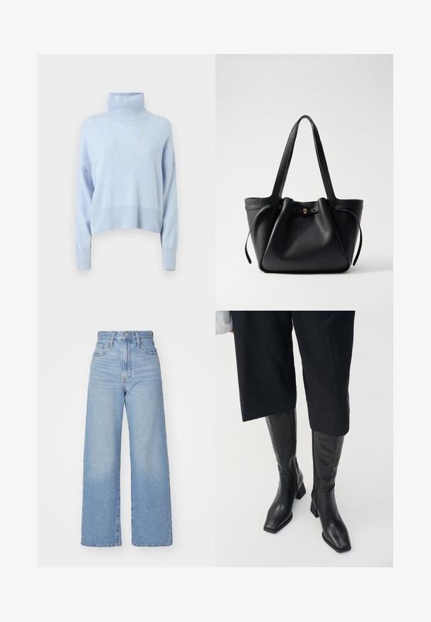Pulover cu guler înalt de culoare albastru deschis, realizat dintr-un material moale, cu un design scurt, mâneci lungi și manșete și tiv cu nervuri.; Jeans cu talie înaltă, de culoare albastru deschis, cu croială largă, dotate cu nasture și fermoar la față, buzunare în față și spate, pe un fundal alb.; Cizme negre din piele până la genunchi, cu vârful pătrat și toc pătrat. Au un fermoar lateral și o textură netedă.; Geantă tote din piele neagră, cu două bretele lungi, un vârf strâns și un accent circular auriu. Textură netedă cu un design minimalist.