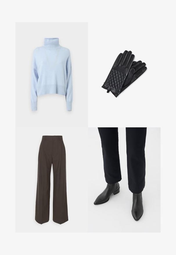 Vaalea sininen pooloneule, joka on valmistettu pehmeästä kankaasta. Se on lyhennettymallinen, pitkähihainen ja siinä on ribbaus hihansuissa ja helmassa.; Tummanruskeat leveälahkeiset housut korkealla vyötäröllä, joissa on siistit prässäykset, sileä pinta ja muotoonommeltu istuvuus.; Musta nahkasaapas nilkkamalli, jossa on terävä kärki, blokkikorko ja karheat sivupaneelit, yhdistettynä tummiin housuihin valkoista taustaa vasten.; CASH-MERE MIT CARO STYLE UND TOUCHSCREEN TAUGLICH - Sormikkaat - schwarz