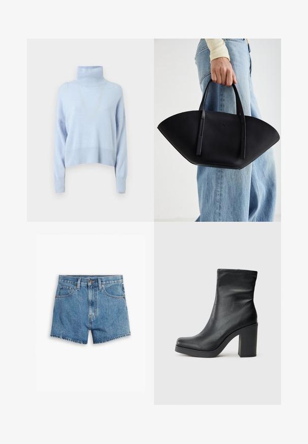 Vaalea sininen pooloneule, joka on valmistettu pehmeästä kankaasta. Se on lyhennettymallinen, pitkähihainen ja siinä on ribbaus hihansuissa ja helmassa.; Vaaleansiniset farkkushortsit, joissa on viisi taskua, vetoketjukiinnitys ja nappisulku. Helmassa on revitty viimeistely ja rento istuvuus.; Mustat nahka nilkkurit, joissa on korkea paksu korko, sileä pinta, istuva muotoilu ja ommeltu koristelu ylhäällä.; Musta nahkainen käsilaukku, jossa on ainutlaatuinen tuulihattukuvio, jossa on litteät kahvat. Pinnassa on karkeapintainen rakenne ja minimalistinen muotoilu.