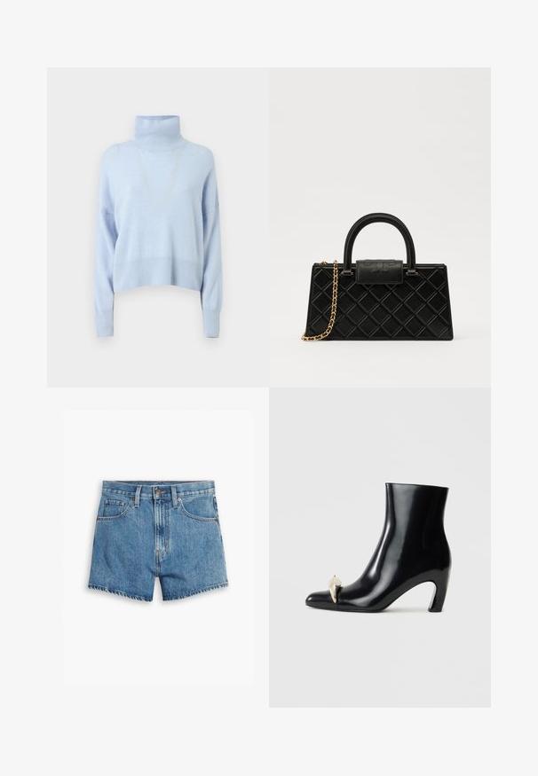 Pull léger bleu en col roulé fabriqué dans un tissu doux, avec un design court, des manches longues et des bords côtelés.; Shorts en denim bleu clair, comportant cinq poches, un zip et un bouton de fermeture. L'ourlet est effiloché, avec une coupe décontractée.; Bottine noire en cuir brillant, avec un bout pointu et un accent décoratif en or et argent à l'avant. Design à talon carré.; Sac à main noir en cuir texturé, avec un motif en diamant, une sangle en chaîne dorée, et une poignée supérieure avec un rabat à fermeture logotypée.