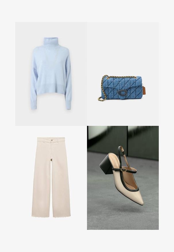 Svetrov z mehkega materiala v svetlo modri barvi, s krojenjem, ki je krajše, dolgimi rokavi ter rebrastimi manšetami in robom.; Bež jeans hlače širokega kroja z visokim pasom, z zapiranjem na gumb, sprednjimi žepi in raztrganim robom. Narejene iz denima.; Bežna slingback čevlja z uskim sprednjim delom, črnimi detajli, zlatim zaponko in debelim blokovskim peto na sivi tleh s temno zeleno ozadje.; Modra prešita denim torba za ramo z zlatim verigo in izrazitim zlatim logotipom na sprednji strani. Kompaktna pravokotna oblika.