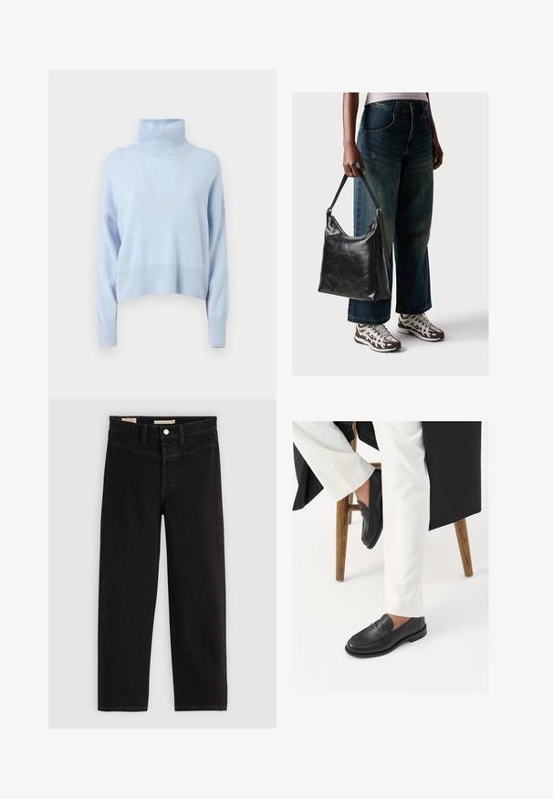 Hele sinine poolkaelusvester, mis on valmistatud pehmest kangast, omab lühendatud disaini, pikkade varrukatega ning ribakudumisega mansette ja serva.; Mustad mustad teksased, sirge lõikega, valmistatud denimist. Omab eesmist taskut, nupuga kinnistust ja kontrastset õmblust.; Mustad nahast loafers, millel on sile tekstuur ja lai rihm, kantud valgete kohandatud pükste juurde. Konts on lame.; Must musta õlakott, millel on sile tekstuur ja reguleeritav rihm, koos pleekinud laia jalgadega teksade ja sportlike tossudega.