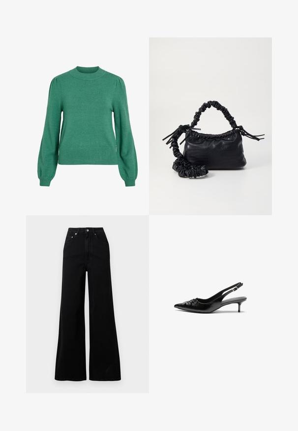 Grön stickad tröja med rund halsringning, långa puffärmar och ribbad fåll. Mjuk textur och figursydd silhuett.; Svarta jeans med vida ben i denim, med hög midja, fem fickor, knäppning framtill och minimalistiska söm-detaljer.; Svart läderslingback med spetsig tå, låg klack i kattunge-stil och veckdetalj på framdelen. Slät textur och minimalistisk design.; Svart faux läderhandväska med krokodiltextur, snodd topp och en skrämd rem. Ser mjuk och kompakt ut i designen.