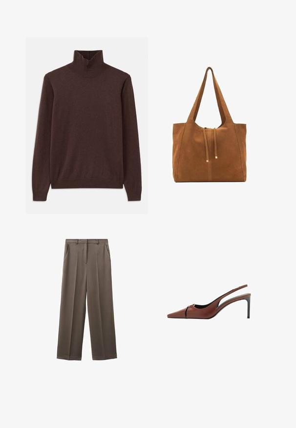 Smeđi džemper s visokim ovratnikom izrađen od mekanog materijala, sa prilagođenim krojem i rebrastim izrezom. Dugi rukavi i glatka tekstura bez uzoraka.; Hlače širokih nogavica u prigušenoj smeđoj tkanini s glatkom teksturom, s dva prednja džepa i krojenim pojasom.; Smeđa kožna slingback potpetica s iznimno šiljastim vrhom, izrezanom detaljom na gornjem dijelu i elegantnom stiletto potpeticom. Glatka tekstura.; Smeđa antilop torba za ruke s dva duga remena, zatvaranje na vezicu i minimalistički dizajn. Glatka tekstura i bez vidljivih metalnih elemenata.