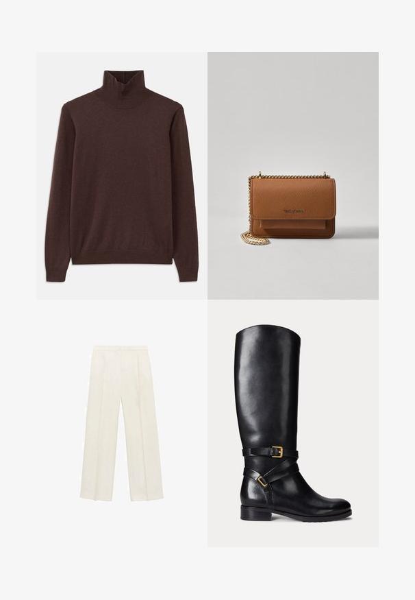 Bruine coltrui gemaakt van zachte stof, met een aangesloten ontwerp en een ribbenhals. Lange mouwen en een gladde textuur zonder patronen.; Wijdgevallen broeken in een lichtcrème kleur. Gemaakt van een zachte stof met plooien aan de voorkant en zijzakken.; Zwarte leren kniehoge laars met een ronde neus, een lage blokhak en dubbele banden met een gouden gespaccent. Gladde textuur.; Bruine lederen schoudertas met textuur, voorzien van een gouden kettingstrap en klepsluiting. De voorkant heeft een logo-detail en een zak onder de klep.