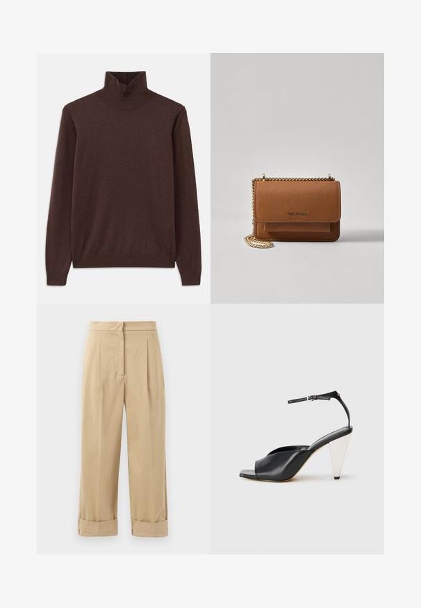 Brun genser med høy hals laget av myk stoff, med en tettsittende design og ribbet halslinning. Lange ermer og en jevn tekstur uten mønstre.; Beige, vide benbukser med to frontfoldninger, rullede manchetter og en glat tekstur. Laget av lett materiale som tilbyr en avslappet passform.; Svart lær høyhælte sandaler med åpen tå, asymmetrisk design, ankelstropp og en metallisk kjegleformet hæl. Glatt tekstur hele veien.; Brun teksturert lær crossover-veske med gullkjede-stropp og klaffelukking. Fronten har logo-detalj og en lomme under klaffen.