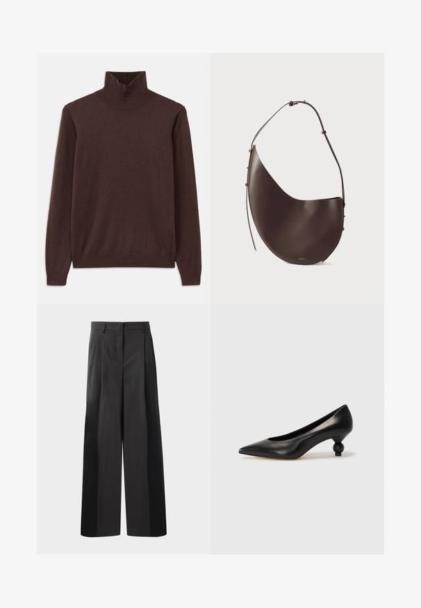 Brown turtleneck sweater made of soft fabric, featuring a fitted design and ribbed neckline. Long sleeves and a smooth texture without patterns.; Black wide-leg trousers with a high waist, featuring front pleats, a smooth texture, and a tailored finish. Designed for a relaxed fit.; Black leather high heel shoe with a pointed toe and a round, balled heel. Smooth texture with a sleek, minimal design.; Brown leather handbag with a curved shape, single strap, and minimalistic design. Features a subtle logo and gold hardware accents.