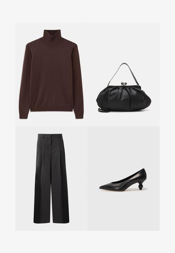 Pruun turtleneck-svetar, mis on valmistatud pehmest kangast, omab istuvat disaini ja soonikkoes kaelust. Pikad varrukad ja sile tekstuur ilma mustriteta.; Mustad laiad püksid kõrge vöökohaga, millel on ees voldid, sile tekstuur ja õmmeldud viimistlus. Kujundatud lõdva istuvuse saavutamiseks.; Must musta kõrge kontsaga king, millel on terav nina ja ümar, pallikujuline konts. Sile pind ja elegantne, minimalistlik disain.; Must mustrida nahk-kott ümmarguse, kortsunud disainiga. Varustatud metallist klambriga, millel on kaks dekoratiivset palli ja õhuke, eemaldatav rihm.