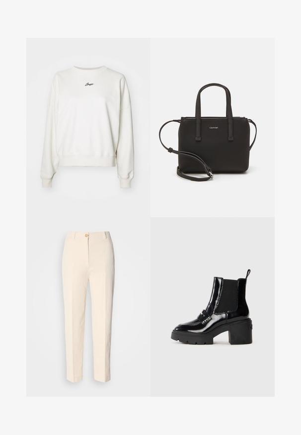 Sweatshirt en coton blanc avec un col rond, épaules tombantes, poignets côtelés et logo "Boss" brodé en noir sur la poitrine.; Pantalons taille haute couleur crème en tissu texturé. Dotés d'une fermeture à bouton à l'avant et de jambes fuselées.; Bottines en verni noir avec un talon épais, des panneaux latéraux élastiques, une sangle décorative et des coutures contrastées. Texture lisse avec une finition brillante.; Sac à main noir avec deux poignées courtes et une bandoulière amovible. Matière lisse semblable à du cuir avec une fermeture éclair et un détail de logo.