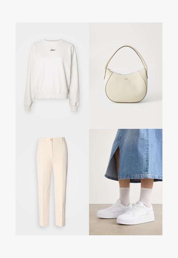 Felpa bianca in cotone con collo rotondo, spalle scese, polsini a costine e logo "Boss" ricamato in nero sul petto.; Pantaloni color crema a vita alta realizzati in un tessuto testurizzato. Presentano una chiusura frontale con bottone e gambe affusolate.; Sneakers bianchi in pelle texture, con suola platform, punta rotonda e sistema di lacci; abbinati a calze corte grigie e una gonna di jeans.; Borsa color crema con una finitura testurizzata, forma curva, manico corto e dettaglio del logo in tonalità oro. Chiusura con zip nella parte superiore.