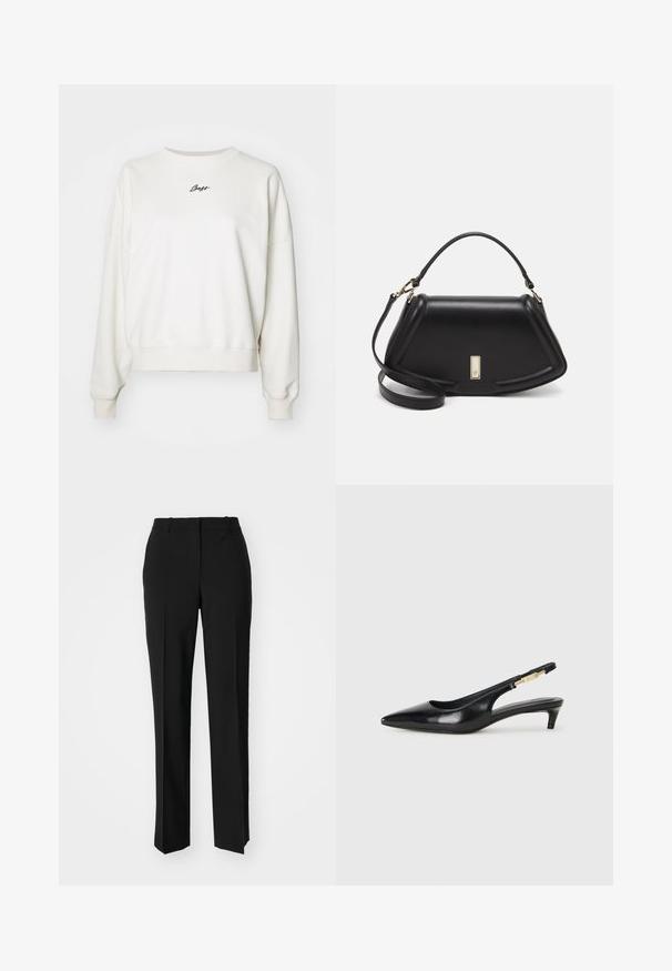 White cotton sweatshirt with a crew neck, dropped shoulders, ribbed cuffs, and embroidered "Boss" logo in black on the chest.; Black tailored trousers with a straight-leg design, featuring a smooth texture and crisp creases along the front. No visible hardware.; Black leather slingback heels with a pointed toe, featuring a slim heel and a gold-tone accent on the adjustable strap. Smooth texture.; Black leather handbag with a structured design, featuring a cropped shape, top handle, and gold hardware accent. Adjustable shoulder strap included.