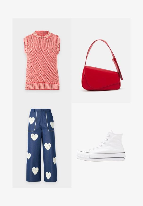 Sarkans un krēmkrāsas adīts bez piedurknēm tops ar augstu kaklu, ar teksturētu rakstu un ribotām akcentiem apkaklē un malā.; Sister Jane HEART TO HEART - Džinsi ar taisnām starām - blue denim; Balti augstie kanvas sporta apavi ar melnu gumijas zoli, priekšējo gumijas purngalu un sešām acīm lencēm, kuriem ir tīrs, minimālistisks dizains.; Sarkans ādas rokassomi ar stūrainu, ģeometrisku dizainu. Iekļauj vienu regulējamu siksnu un vāku ar izšūtu detaļu.