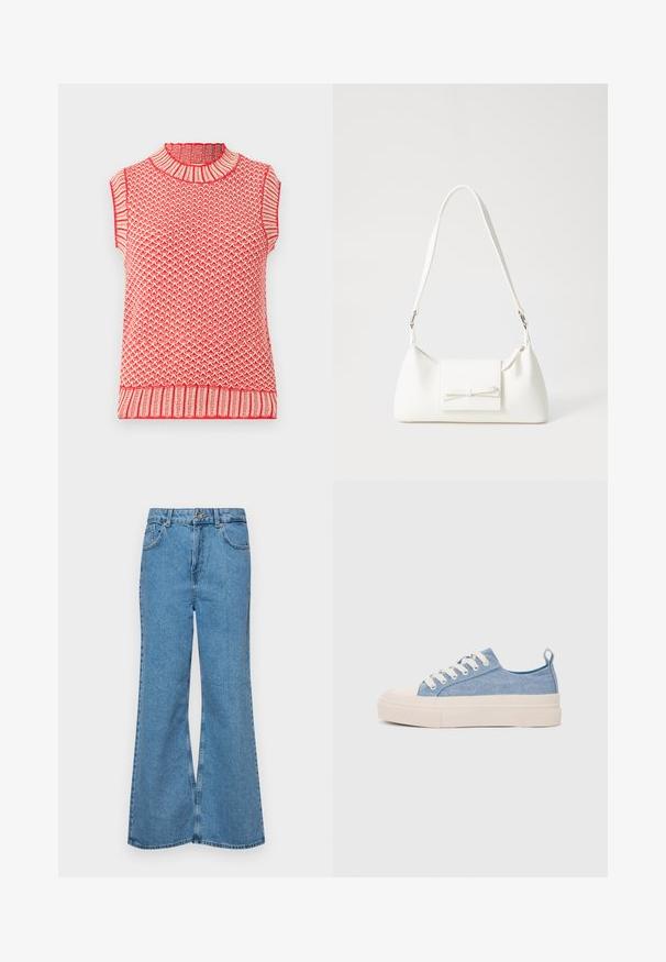 Top tricotat fără mâneci, roșu și crem, cu guler înalt, având un model texturat și accente ribbate la gât și la tiv.; Jeanși evazați de culoare albastru deschis, din denim, cu talie înaltă, cinci buzunare și închidere cu un singur buton. Textură moale cu un finisaj decolorat.; Sneakers din pânză de culoare albastru deschis, cu vârf și talon din cauciuc crem, având șireturi albe și un maner pe călcâi.; Geantă sintetică albă, cu formă triangulară, capac frontal plat și detaliu cu fundă, curea ajustabilă, textură netedă și design minimalist.