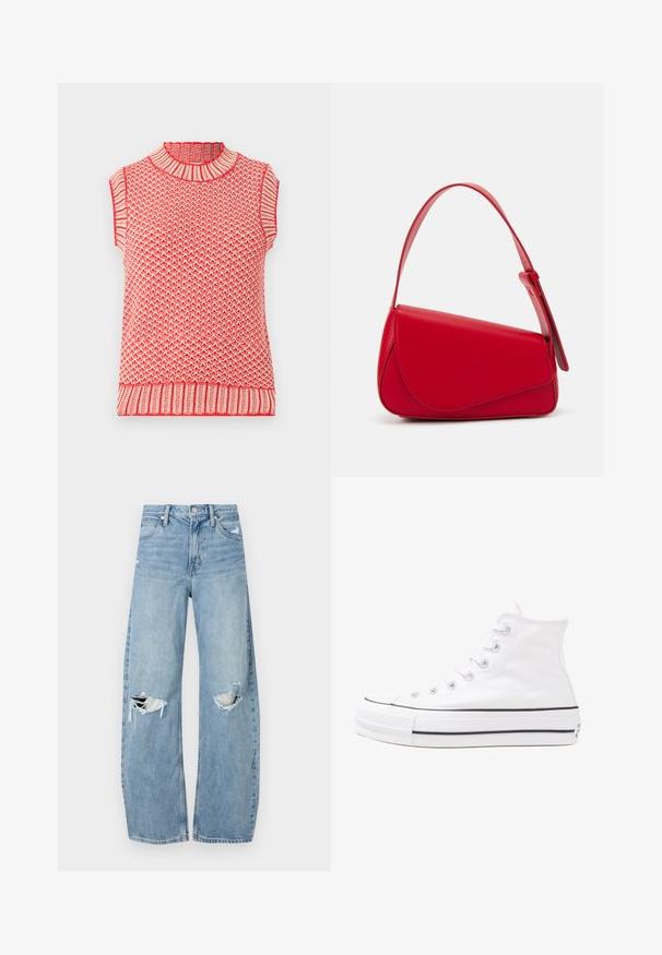 Red and cream knitted sleeveless top with a high neck, featuring a textured pattern and ribbed accents at the neckline and hem.; Light blue, high-waisted jeans made of denim. Feature wide legs, two torn knee areas, and classic five-pocket styling.; White high-top canvas sneaker with black rubber sole, front rubber toe cap, and six eyelets for laces, featuring a clean, minimalist design.; Red leather handbag with an angular, geometric design. Features a single adjustable strap and a flap closure with stitched detailing.