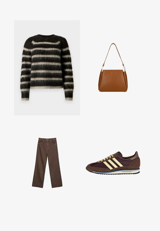 Pruhovaný svetr s tmavě šedými a krémovými barvami, vyrobený z měkkého, chlupatého materiálu s kulatým výstřihem a žebrovaným lemem a manžetami.; Hnědé džíny s širokými nohavicemi vyrobené z denimu, s vysokým pasem, předními kapsami a klasickým zapínáním na knoflík. Hladká textura s jemným švem.; Hnědé a burgundské tenisky z semiše a síťoviny, s třemi krémovými pruhy, texturovaným materiálem na jazyku a gumovou podrážkou.; Hnědá kožená kabelka s texturovaným povrchem, s jedním ramenním popruhem a decentním logem na přední straně. Disponuje strukturovaným designem.