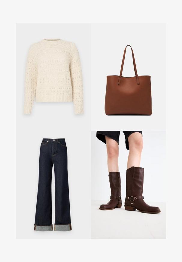 Cream sweater with textured knit, featuring horizontal bands and open stitches. Round neckline and long sleeves. Soft, chunky material.; Vero Moda VMTESSA WIDE FOLD UP - Wide Leg - dark blue denim; Brown leather knee-high boots with a rounded toe, textured surface, ankle strap, and silver hardware detail; stacked heel.; Brown leather tote bag with a smooth texture, open top design, and two shoulder straps. Features minimal stitching and no visible hardware.