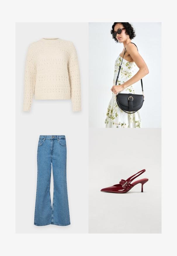 Krēmkrāsas džemperis ar teksturētu adījumu, kurā ir horizontālas joslas un atvērtas šuves. Apaļa kakla izgriezums un garas piedurknes. Mīksts, masīvs materiāls.; Gaiši zili, platā piegriezuma džinsi, kas izgatavoti no denima, ar augstu jostasvietu, piecām kabatām un vienu pogu. Mīksta tekstūra ar nolietotu apdari.; Sarkana lakota ādas kurpju kurpes ar atvērtu papēdi, norādītu purngalu, divām sprādzēm un slaidu, vidēja augstuma stiletu papēdi. Gluda tekstūra.; Melnas ādas rokassoma ar izliekta formu, noņemamu siksnu un zelta aksesuāriem. Somai ir vāciņš ar sprādzes detaļu.