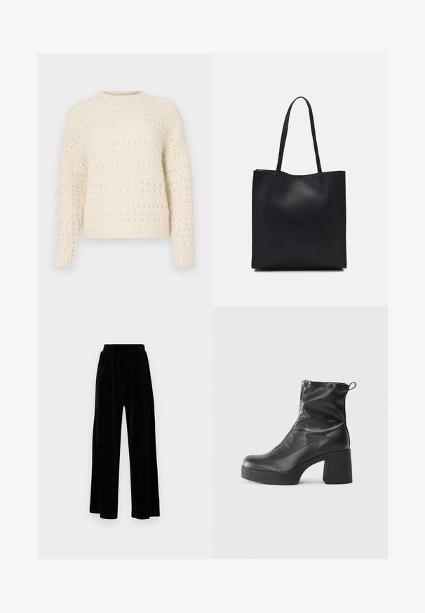 Krema pulover z teksturiranim pletenjem, ki vsebuje vodoravne pasove in odprte šive. Okrogla izreza in dolgi rokavi. Mehka, debelejša tkanina.; Črne široke hlače iz mehkega žameta, z elastičnim pasom in gladko teksturo, brez vidnih detajlov ali vzorcev.; Črne gležnjarje iz gladke kože z božnim zadrgo, masivnim teksturiranim peto in zaobljeno obliko prstov.; Črna usnjena torba s svilnato teksturo, pravokotne oblike in dvema dolgima ročajema. Brez vidnih metalnih delov ali okrasnih elementov.