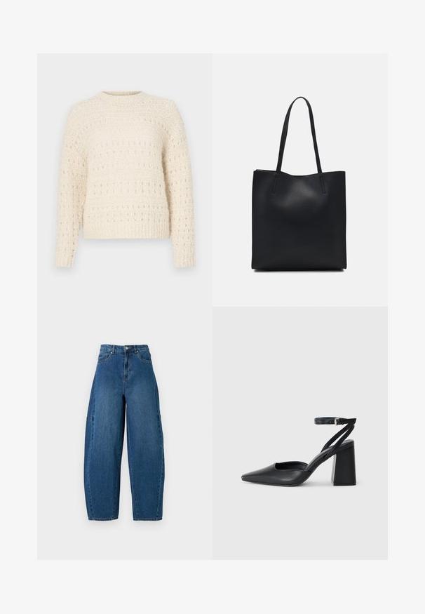 Maglione crema con lavorazione a maglia testurizzata, caratterizzato da bande orizzontali e punti aperti. Collo rotondo e maniche lunghe. Materiale morbido e spesso.; Jeans in denim con un lavaggio blu medio, caratterizzati da una vita alta, una gamba larga e un design a cinque tasche standard con dettagli di cucitura visibili.; Pump in pelle nera con punta affusolata, cinturino alla caviglia e tacco spesso. Texture piatta, design elegante ed estetica minimalista.; Borsa tote in pelle nera con texture liscia, forma rettangolare e due manici lunghi. Nessun hardware o decorazione visibile.