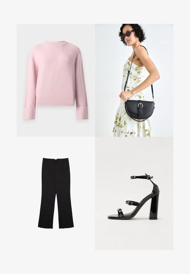 Soft pink crewneck sweater with long sleeves, ribbed cuffs, and hem, shown on a plain white background.; Black trousers with a straight fit, featuring front pockets and side slits at the hem. Made of soft, smooth fabric. Suitable for various occasions.; Black patent heeled sandals with a square toe, ankle straps, and silver buckles. Features a chunky block heel for stability.; Black leather handbag with a curved shape, detachable strap, and gold hardware. The bag features a flap with a buckle detail.