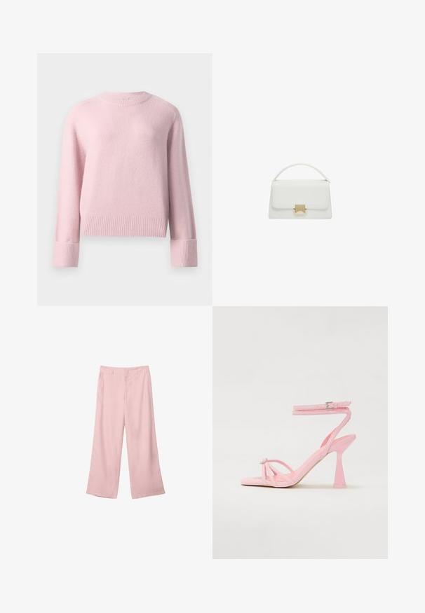 Mäkký ružový sveter s okrúhlym výstrihom a dlhými rukávmi, s rebrovanými manžetami a lemom, zobrazený na jednoduchom bielom pozadí.; Svetloružové široké nohavice vyrobené z hladkej tkaniny. Majú štruktúrovaný pás a rovné, voľné nohavice, bez viditeľných vzorov alebo kovových detailov.; Ružové sandále na vysokom podpätku s pásikovým dizajnom a prackou okolo členku. Majú ozdobný prvok na prstoch a moderný, zúžený dizajn podpätku.; Biela kožená kabelka so štruktúrovaným dizajnom, vybavená hornou rukoväťou a zlatou sponou. Hladká textúra a minimalistické akcenty.