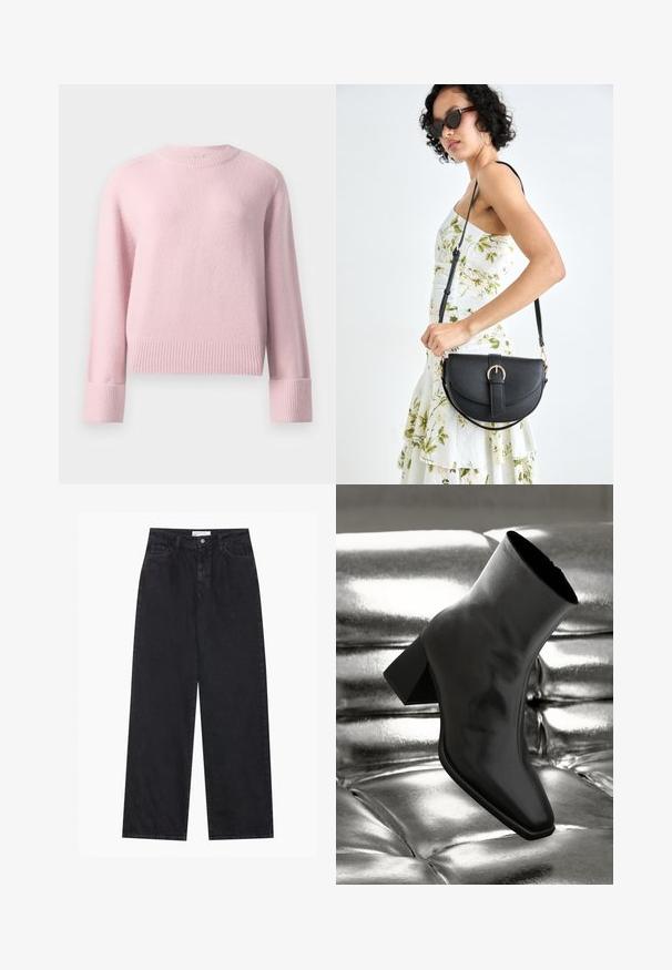 Maglione rosa chiaro a girocollo con maniche lunghe, polsini e orlo a coste, mostrato su uno sfondo bianco semplice.; Jeans in denim neri a vita alta, a gamba larga, con chiusura frontale a bottoni e zip, passanti per la cintura e stile a cinque tasche.; Stivale alla caviglia nero realizzato in materiale lucido con punta quadrata e tacco affusolato, posizionato su uno sfondo argentato lucido con imbottiture a sfera.; Borsa a tracolla nera in pelle con una forma curva, manico rimovibile e accessori dorati. La borsa presenta una patta con un dettaglio a fibbia.