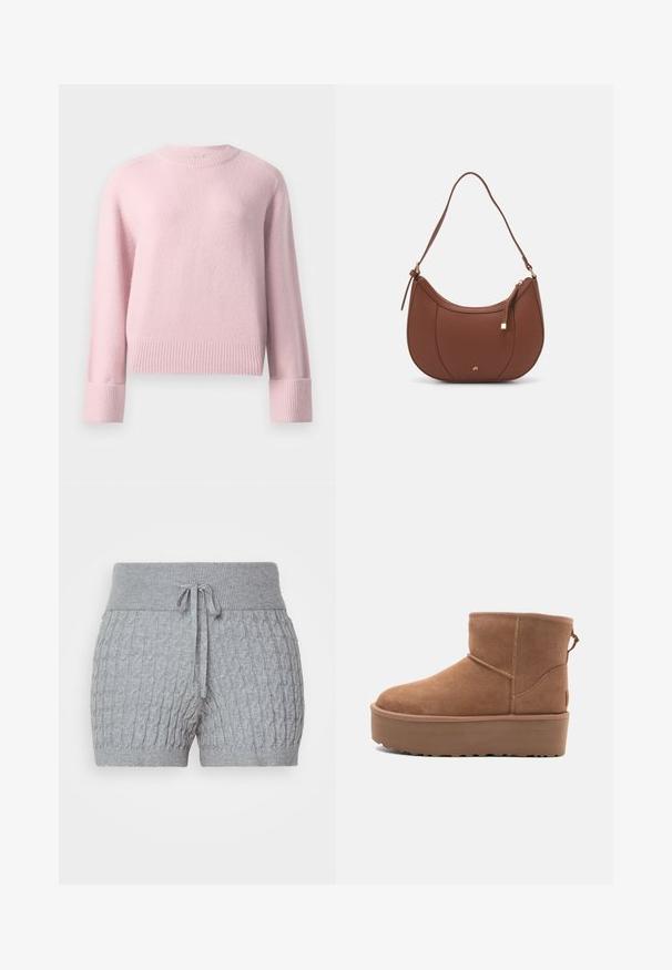Pull en sweat rose pâle à col rond avec des manches longues, des poignets côtelés et un ourlet côtelé, présenté sur un fond blanc uni.; Shorts en maille grise avec un design texturé, dotés d'une taille côtelée et d'un cordon de serrage ajustable. Longueur courte, tissu doux.; Bottine en suède tan avec une semelle plate-forme, un bout arrondi et des accents de couture ; elle est dotée d'une languette à l'arrière pour un enfilage facile.; Sac à épaule en faux cuir brun, de forme arrondie, avec des coutures minimales et un accent en matériel doré. Il possède une fermeture zippée sur le dessus et une sangle réglable.