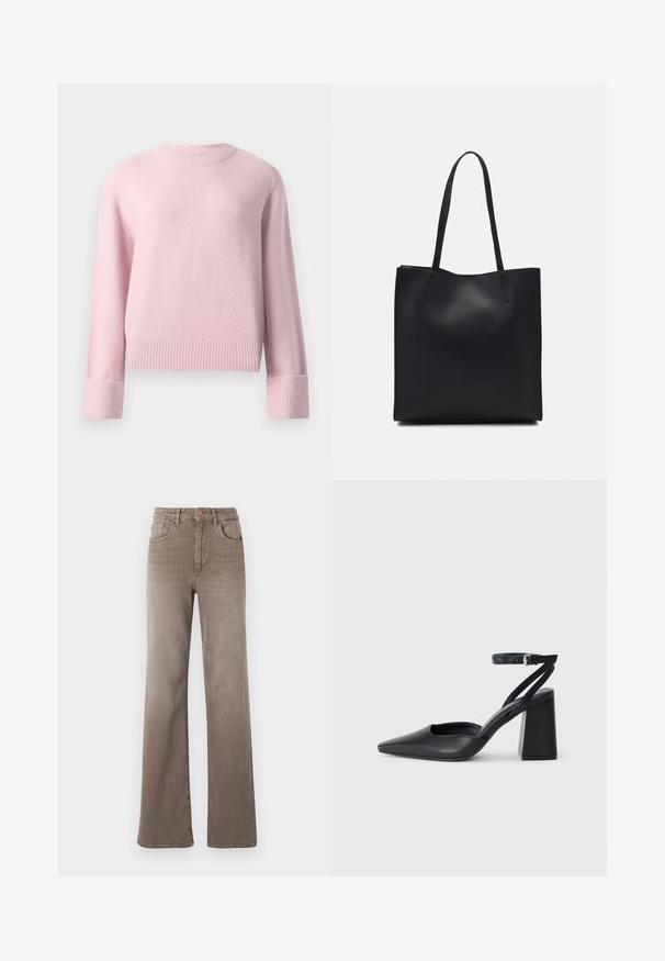 Soft pink crewneck sweater with long sleeves, ribbed cuffs, and hem, shown on a plain white background.; Brown high-waist straight-leg jeans with front button, belt loops, and classic five-pocket design on a white background.; Black leather pointy-toe pump with an ankle strap and a chunky heel. Flat texture, sleek design, and minimalistic aesthetics.; Black leather tote bag with smooth texture, rectangular shape, and two long handles. No visible hardware or embellishments.