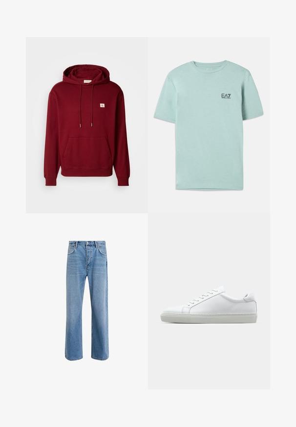 Bordo kapuca s puloverom iz mehkega bombaža, s sprednjim žepom, vrvicami in majhno oznako, z žepi in robom iz rebraste tkanine.; Svetlo mint zelena majica s kratkimi rokavi iz bombaža, s krožnim izrezom in majhnim črnim logotipom EA7 na prsih.; Svetlo modre denim kavbojke s ravno nogavico, petimi žepi, z gumbom za zapiranje, minimalnim zbledelostjo in kontrastnimi šivi.; Bela športna obutev z gladkim usnjenim zgornjim delom in nizkim profilom. Ima zaokrožen nos, šest lukenj za vezalke in teksturiran gumijast podplat.