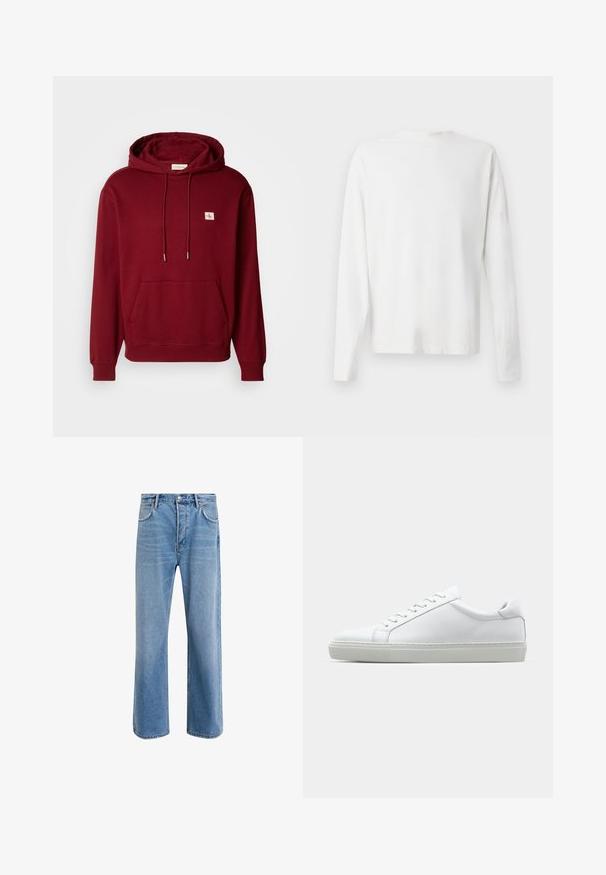 Sweatshirt burgundy com capuz, feito de algodão macio, apresentando um bolso frontal, cordões e um pequeno patch de logo, com punhos e barra em ribana.; Camisa de algodão branca de mangas longas com decote redondo, fendas laterais na parte inferior e uma textura suave, mostrada de trás.; Calças de ganga azul claro com um design de perna reta, cinco bolsos, fecho de botão, desgaste mínimo e detalhes de costura em contraste.; Sapatilha branca com um cabedal em couro liso e de perfil baixo. Apresenta um bico redondo, seis ilhoses e uma sola de borracha texturizada.
