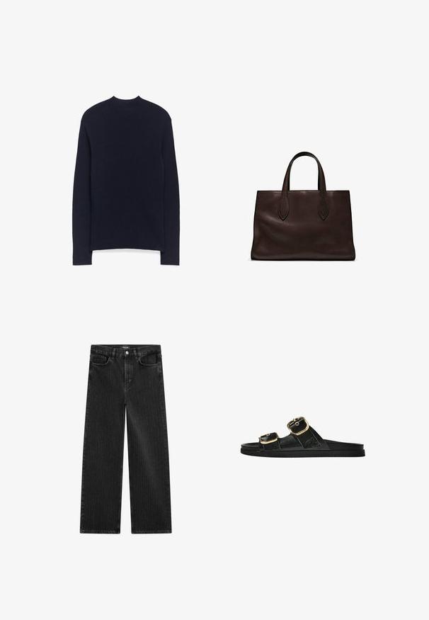 Marineblauwe trui met lange mouwen, gemaakt van een glad gebreide stof, met een ronde halslijn en licht gedropte schoudernaden.; Wijd gesneden zwarte denim jeans met een subtiel verticaal streepmotief, voorzien van een vijfzakkenontwerp en een klassieke knoopsluiting bij de taille.; Zwarte slipper met twee gouden gesps, gladde textuur, platte zool en een minimalistisch ontwerp.; Bruine leren tote bag met twee verlengde handvatten, gestructureerde rechthoekige vorm, gladde textuur en subtiele stiksels.