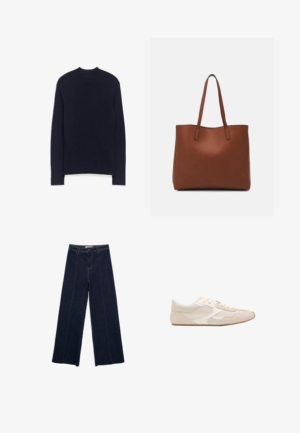 Granatowy sweter z długim rękawem, wykonany z gładkiej dzianiny, z okrągłym dekoltem i lekko opadającymi szwami na ramionach.; Szerokie spodnie z ciemnego denimu z kontrastowym przeszyciem, wysoki stan i prosty krój. Posiadają kieszenie z przodu oraz klasyczne zapięcie na guzik.; Beżowe buty sportowe z połączeniem materiałów siatkowych i zamszowych, zaokrąglony czubek oraz sznurówki. Teksturowane akcenty na górnej części zwiększają przyczepność.; Brązowa skórzana torba tote o gładkiej fakturze, z otwartym wierzchem i dwoma ramiączkami. Charakteryzuje się minimalnym przeszyciem i brakiem widocznych elementów metalowych.