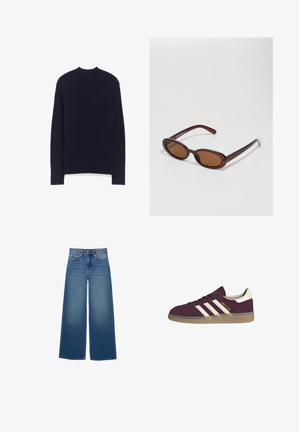 Maglione a maniche lunghe di colore blu navy realizzato in un tessuto a maglia morbido, caratterizzato da un collo a giro e cuciture delle spalle leggermente scese.; Jeans a gamba larga di colore blu, realizzati in denim, con vita alta, dettagli cuciti e un design semplice con un leggero effetto sbiadito.; Sneaker in camoscio bordeaux con tre strisce bianche e accenti beige. Presenta una suola in gomma testurizzata e un marchio dorato sul lato.; Occhiali da sole rotondi con tonalità marrone, montatura lucida color bordeaux. Aste sottili con un sottile dettaglio del marchio. Design delle lenti piatte.; Borsa a tracolla in pelle intrecciata marrone con una forma triangolare morbida. Presenta una maniglia intrecciata e una chiusura con zip lungo la parte superiore.