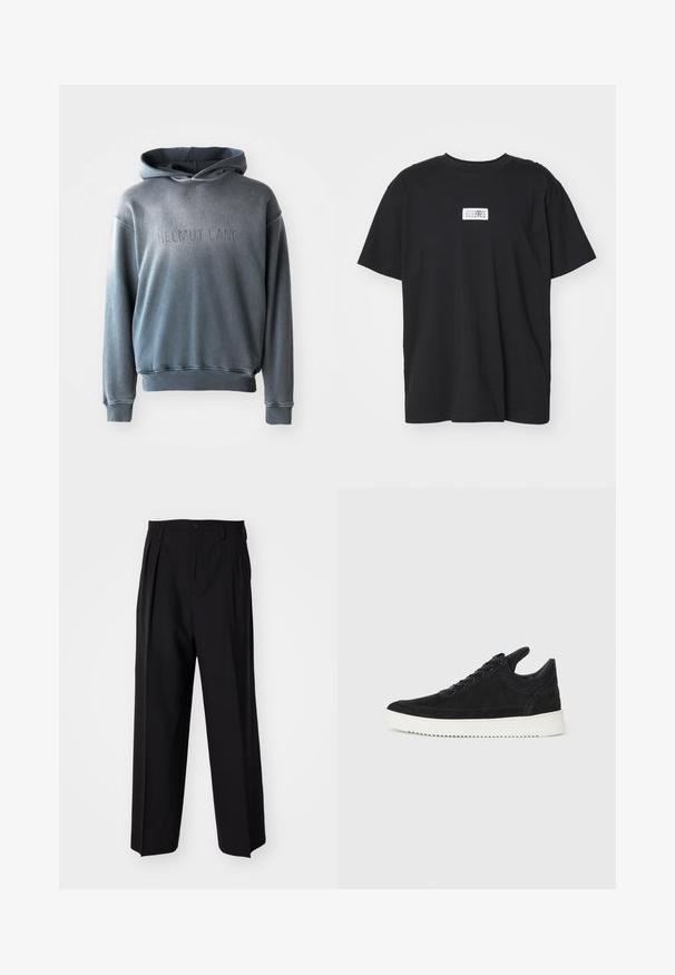 Gray hoodie in a soft fabric, featuring a kangaroo pocket, ribbed cuffs and hem, with "HELMUT LANG" embossed on the front.; Black cotton t-shirt with a crew neck, short sleeves, and a rectangular white label featuring numbers and a graphic design.; Black pleated trousers with a straight, wide-leg design. Made from smooth fabric, featuring a button closure and belt loops.; Black suede sneaker with a white rubber sole, featuring tonal stitching and lace-up design. Smooth texture with a modern, streamlined shape.