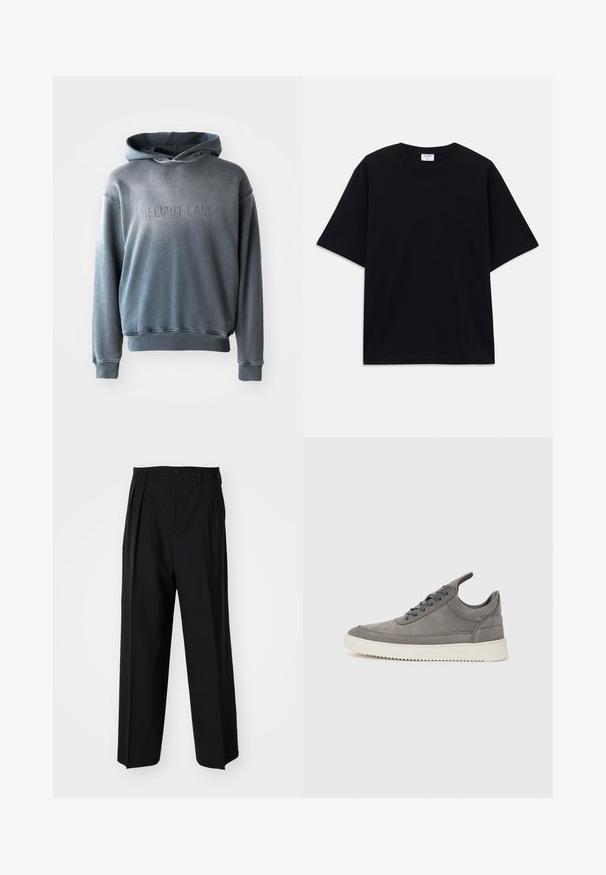 Grijze hoodie van een zachte stof, met een kangoeroezak, ribbelboorden en -zoom, en met "HELMUT LANG" geperst op de voorkant.; Zwarte oversized T-shirt met korte mouwen en ronde hals, met zichtbaar Filippa K merkelabel aan de binnenkant van de kraag.; Zwarte geplooide broeken met een rechte, brede pijpontwerp. Gemaakt van soepele stof, met een knoopsluiting en riemlussen.; Grijze suède sneakers met een textuurafwerking, voorzien van een witte rubberen zool, ronde veters en een low-top ontwerp.