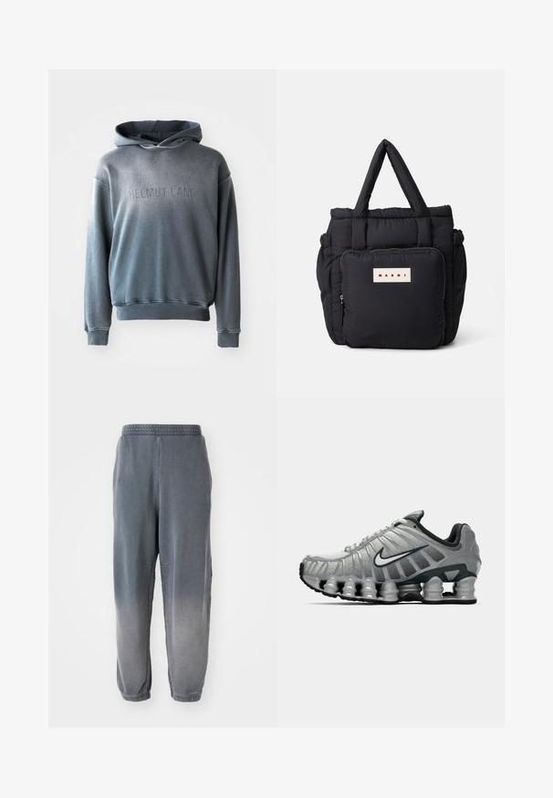 Gray hoodie in a soft fabric, featuring a kangaroo pocket, ribbed cuffs and hem, with "HELMUT LANG" embossed on the front.; Gray jogger pants with a soft texture, tapered ankles, side pockets, and a subtle gradient from dark to lighter gray. Elastic waistband at the top.; Grey and black Nike running shoe with visible spring-like cushioning under the sole and a white swoosh logo on the side.; Black puffy tote bag with two top handles, a front zip pocket, and a rectangular brand label in white and red. Soft, quilted texture.