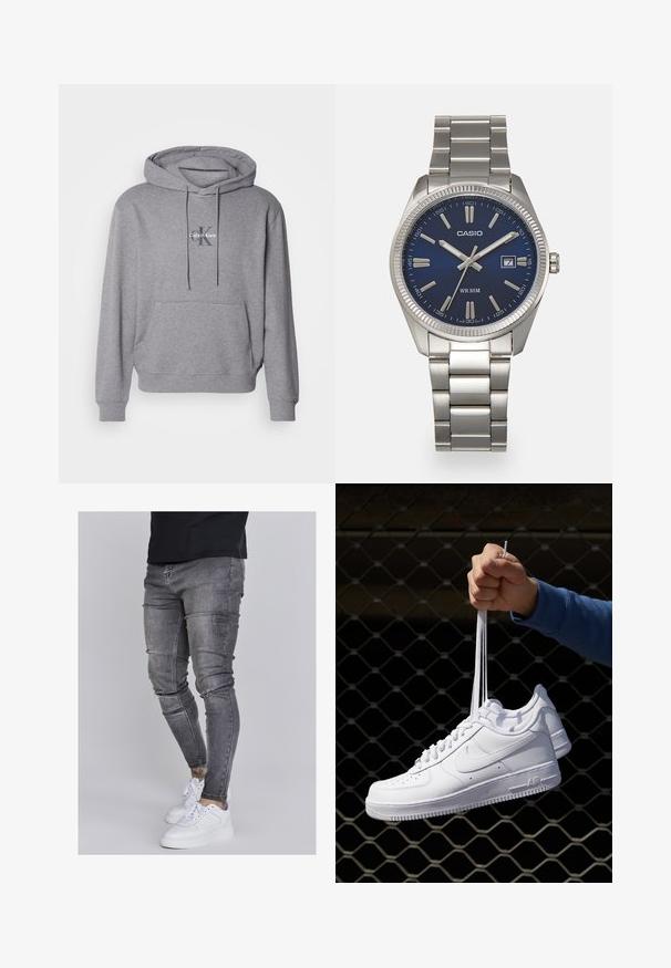 Felpa grigia con cappuccio realizzata in misto cotone, dotata di tasca a marsupio, cappuccio regolabile con cordoncino e logo Calvin Klein ricamato sul petto.; Jeans skinny in denim grigio sbiadito, con dettagli strappati sulle ginocchia, abbinati a sneakers bianche. Texture liscia, design slim fit.; Sneakers in pelle bianca con perforazioni, punta rotonda, suola piatta e lacci spessi, con logo swoosh visibile e "AIR" sul tallone.; Orologio da polso in acciaio inossidabile argento con quadrante blu navy, indici metallici e finestra della data alle 3. Resistente all'acqua fino a 50 metri.