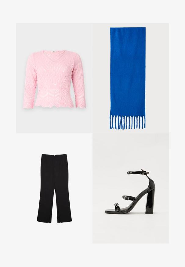 Roza pletena jopica z V-izrezom, rokavi do 3/4 in valovitimi robovi. Ima zapleten vzorec čipke z geometrijskimi oblikami.; Črne hlače ravnega kroja z naglavnimi žepi in stranskimi razporki na robu. Narejene iz mehke, gladke tkanine. Primerne za različne priložnosti.; Črne lakirane sandale s peto, kvadratnim prstom, trakovi okrog gležnja in srebrnimi zaponkami. Opremljene so s stabilno Debelo peto.; Modra šal s frinčo iz mehkega materiala; ima enotno barvo s teksturirano površino in enakomerno rezane frinče na dnu.