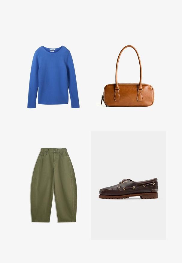 Modra dolga majica s dolgimi rokavi in okroglim ovratnikom, z teksturiranim rebrastim vzorcem in sproščenim krojem. Preprost dizajn, izdelan iz mehkega blaga.; Oliveno zeleni široki hlače iz bombaža, z visokim pasom, sprednjimi žepi in gladko teksturo. Brez okrasnih elementov ali vzorcev.; Rjave usnjene čolnarske čevlje z zlatimi očesi, okroglicami in teksturiranim rjavim gumijastim podplatom. Ima šivano podrobno obdelavo in dvignjen logotip.; Brahno usnjeni ročni torbica z dvema dolgima ročkama, pravokotne oblike, gladke teksture, z zadrgo in srebrnimi kovinskimi dodatki.