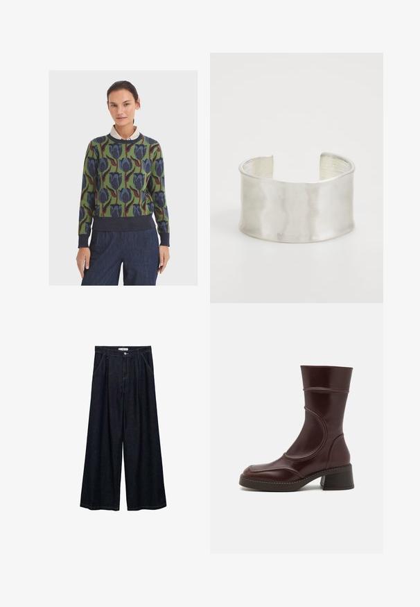Pletený svetřer se zeleným základem, zdobený květinovým vzorem v modré a maroon barvě. Hladký kulatý výstřih a manžety, doplněný tmavě modrým pasem.; Světle béžový krátký rukáv pletený top s připevněným šátkem, který visí kolem výstřihu.; Tmavě modré široké kalhoty s vysokým pasem, které mají zapínání na přední knoflík, dvě boční kapsy a švy.; MIISTA MALENE - Kotníkové boty - brown; Zign Náramek - silver-coloured