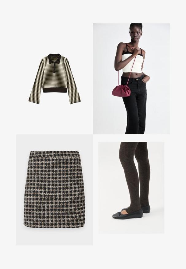 Black and beige horizontal striped long-sleeve polo shirt with a black collar and button placket, laid flat on a white background.; Black and beige checkered mini skirt with a textured weave and a smooth waistband, featuring a structured fit and simple design.; Black flat shoes with a small bow detail at the toe, paired with dark brown ribbed tights. Shoes have a smooth texture and low profile.; Burgundy soft fabric handbag with a gathered design and a long strap, worn crossbody. Model wears a white crop top and black jeans.