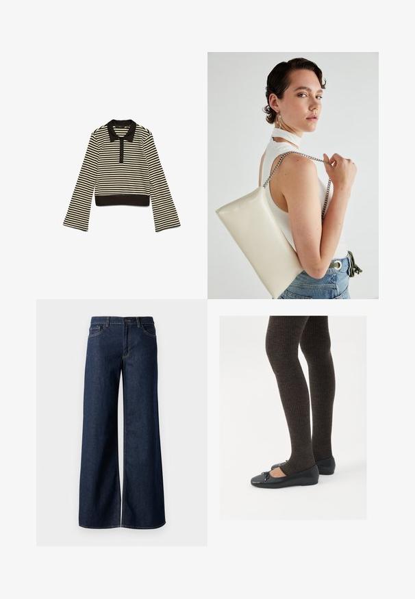 Schwarz-beige gestreiftes Langarm-Polo-Shirt mit schwarzem Kragen und Knopfleiste, flach auf einem weißen Hintergrund ausgelegt.; Weite Jeans in dunkelblauem Denim. Merkmale sind kontrastierende Nähte, fünf Taschen und ein Knopfverschluss an der Taille. Glatte Textur.; Schwarze flache Schuhe mit einem kleinen Schleifendetail an der Zehe, kombiniert mit dunkelbraunen gerippten Strumpfhosen. Die Schuhe haben eine glatte Textur und ein niedriges Profil.; Weiße rechteckige Clutch aus glänzendem Material mit einem silbernen Kettenriemen. Das Model posiert und präsentiert die Tasche vor einem schlichten Hintergrund.