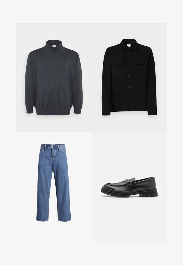 Jack & Jones JJEBASIC ROLL NECK - Trui - dark grey melange; Zwarte button-up skjorte gemaakt van een gladde stof, met twee borstzakken, een puntkraag en knoopmanchetten. Eenvoudig ontwerp met minimale detailing.; Lichtblauwe denimjeans met een recht model, hoge taille en minimale stiksels. De stof heeft een zachte, licht vervaagde textuur.; Zwarte leren instappers met een gladde afwerking, voorzien van een voorste banddetail en een stevige rubberen zool met gegroefde accenten.