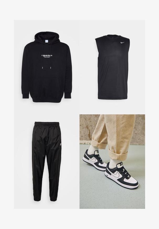 Melnā kapuces sporta džemperis, izgatavots no mīkstas šīfera, ar priekšējo kabatu un drosmīgu baltu logotipa tekstu krūšu daļā. Regulāra piegriezuma ar auklām.; Melna bezpiedurkņu sporta krekls, izgatavots no gludas auduma, ar apaļu kakla izgriezumu un mazu baltu Nike swoosh logotipu augšējā kreisajā stūrī.; Melni sporta bikses, kas izgatavotas no viegla, spīdīga materiāla, ar elastīgu jostu, šauru piegriezumu un ar rāvējslēdzēja kabatām. Iekļauta logotipa akcenta iezīme.; Melnbalti Nike Air Force 1 sporta apavi ar ādas aizmuguri, caurumiņu purngalu un strukturētu zoli, valkāti ar sarullētām beigu biksēm un baltām zeķēm.